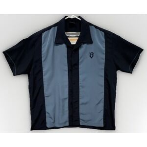 Steady Last Call Rockabilly Bowling Panel‎ Shirt Navy/ Blue V8 Symbol Retro
